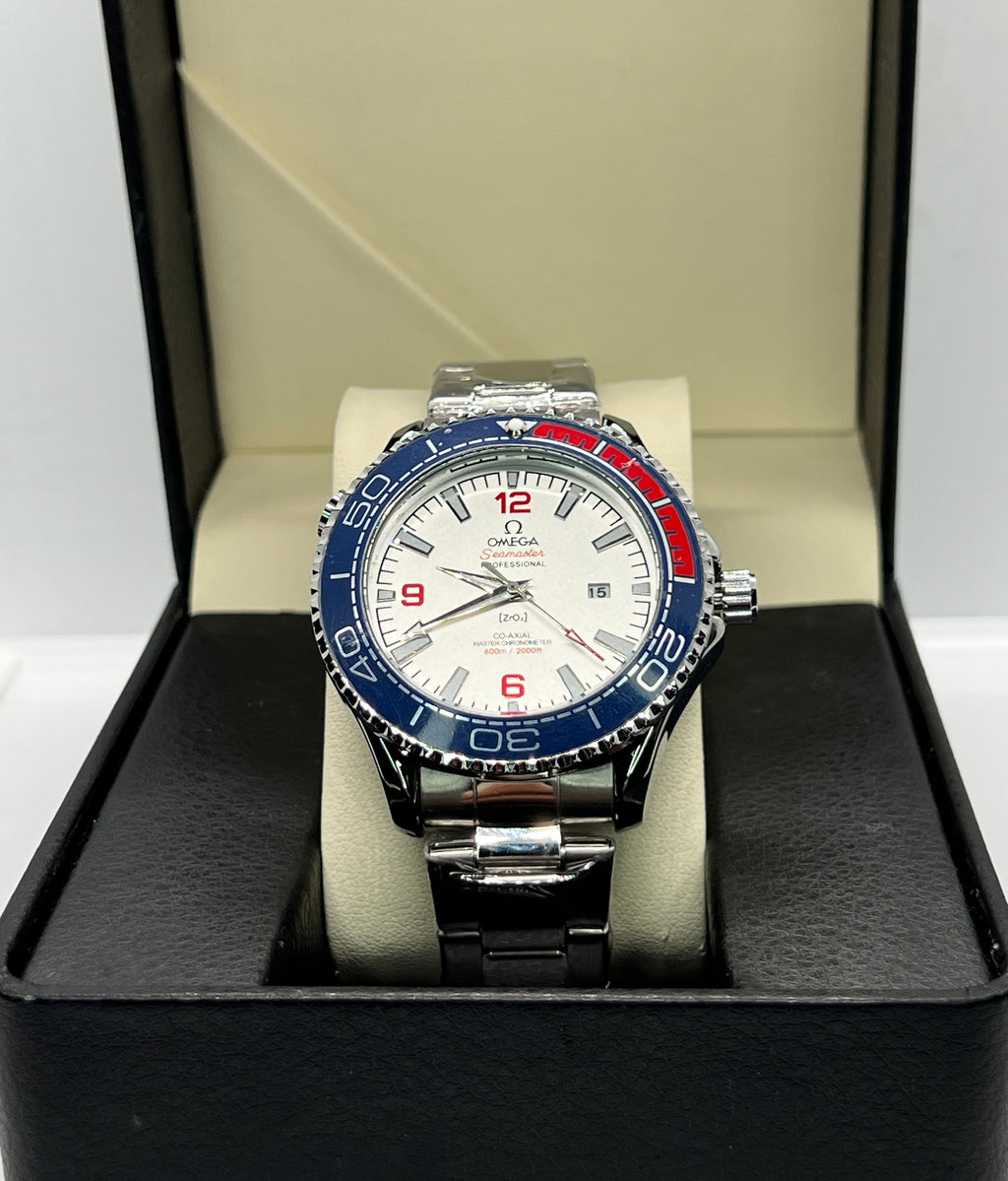 Omega Seamaster Planet Ocean 600M – White Dial | Blue & Red Bezel | Swiss SemiAutomatic