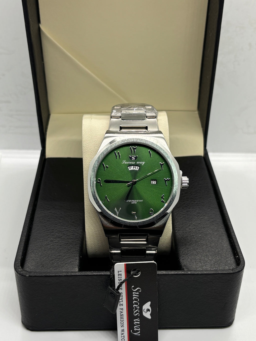 Success Way Stainless-Steel Classic Wristwatch – Green Arabic Dial | Day-Date Display | Elegant Polished Bracelet
